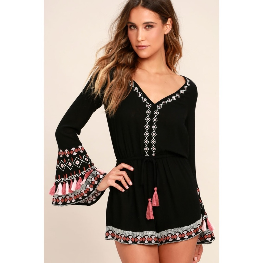 Lulu's Black Romper with Pink & White Embroidered Tassels